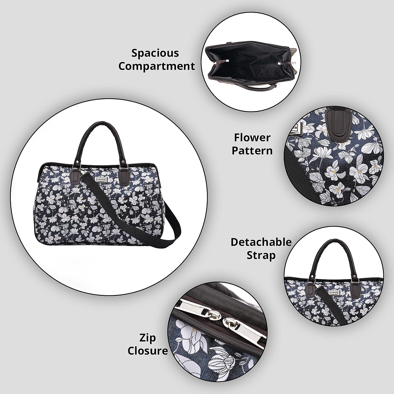 Passage Gray with Flower Print Travel Bag with 43 Inches Shoulder Strap 