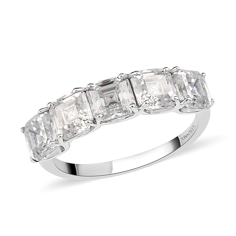 Asscher Cut Moissanite 5 Stone Ring in Platinum Over Sterling Silver (Size 10.0) 3.35 ctw
