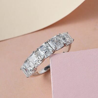 Asscher Cut Moissanite 5 Stone Ring in Platinum Over Sterling Silver (Size 10.0) 3.35 ctw