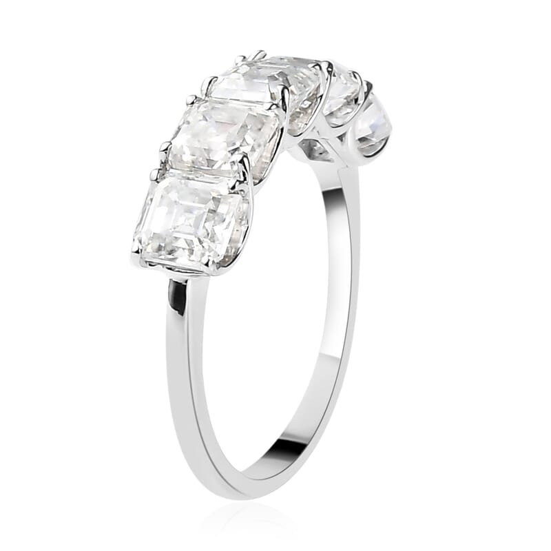 Asscher Cut Moissanite 5 Stone Ring in Platinum Over Sterling Silver (Size 10.0) 3.35 ctw