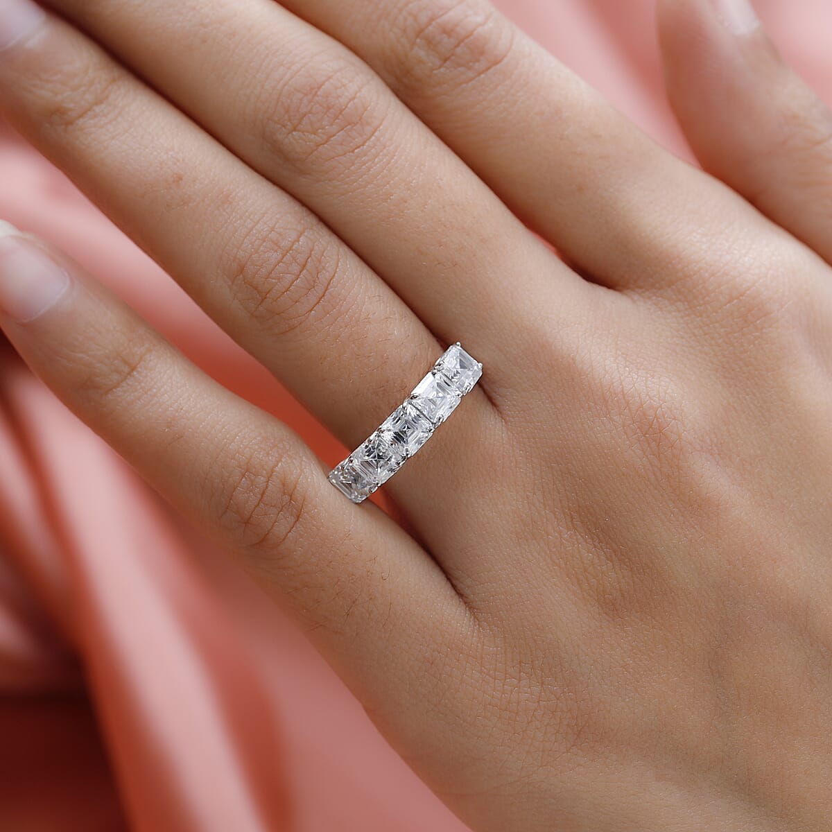 Asscher Cut Moissanite 5 Stone Ring in Platinum Over Sterling Silver (Size 9.0) 3.35 ctw image number 2