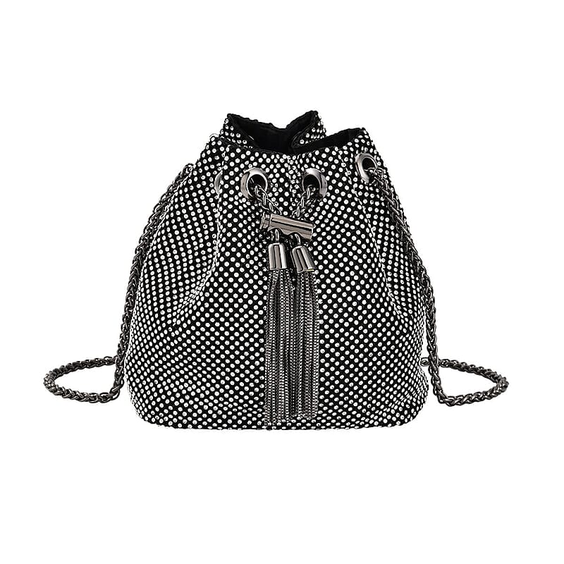 Black Crystal, with Tassel lock, Bucket Bag with a long Strap
