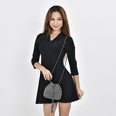 Black Crystal, with Tassel lock, Bucket Bag with a long Strap