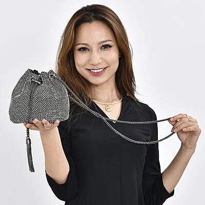 Black Crystal, with Tassel lock, Bucket Bag with a long Strap