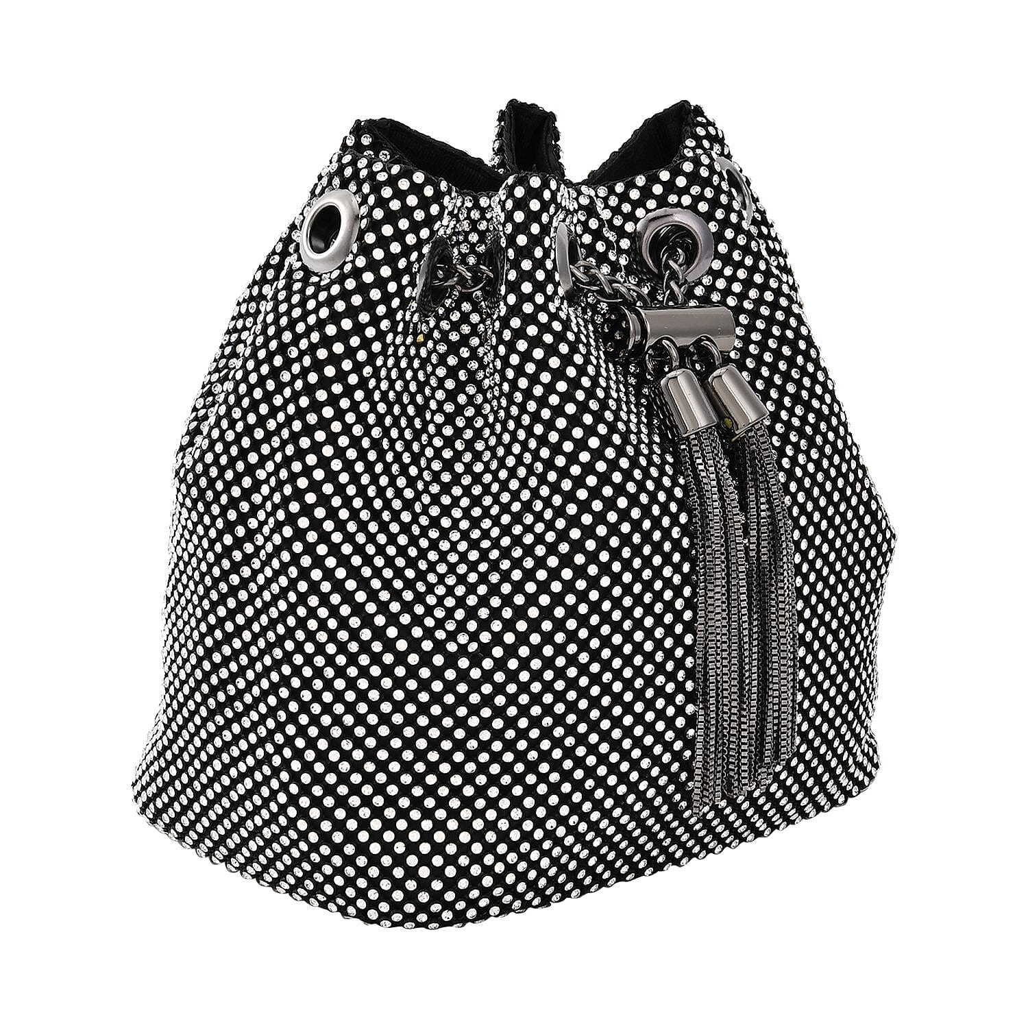 Black Crystal, with Tassel lock, Bucket Bag with a long Strap
