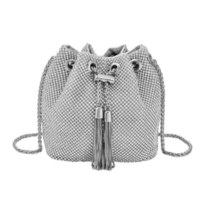 Silver Crystal, with Tassel lock, Bucket Bag with a long Strap