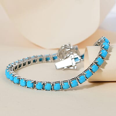 Sleeping Beauty Turquoise and Moissanite Tennis Bracelet in Platinum Over Sterling Silver (6.50 In) 11.50 ctw