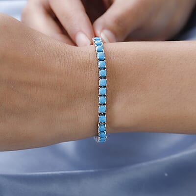 Sleeping Beauty Turquoise and Moissanite Tennis Bracelet in Platinum Over Sterling Silver (6.50 In) 11.50 ctw