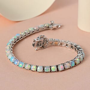 Ethiopian Welo Opal and Moissanite Tennis Bracelet in Platinum Over Sterling Silver (6.50 In) 8.90 ctw