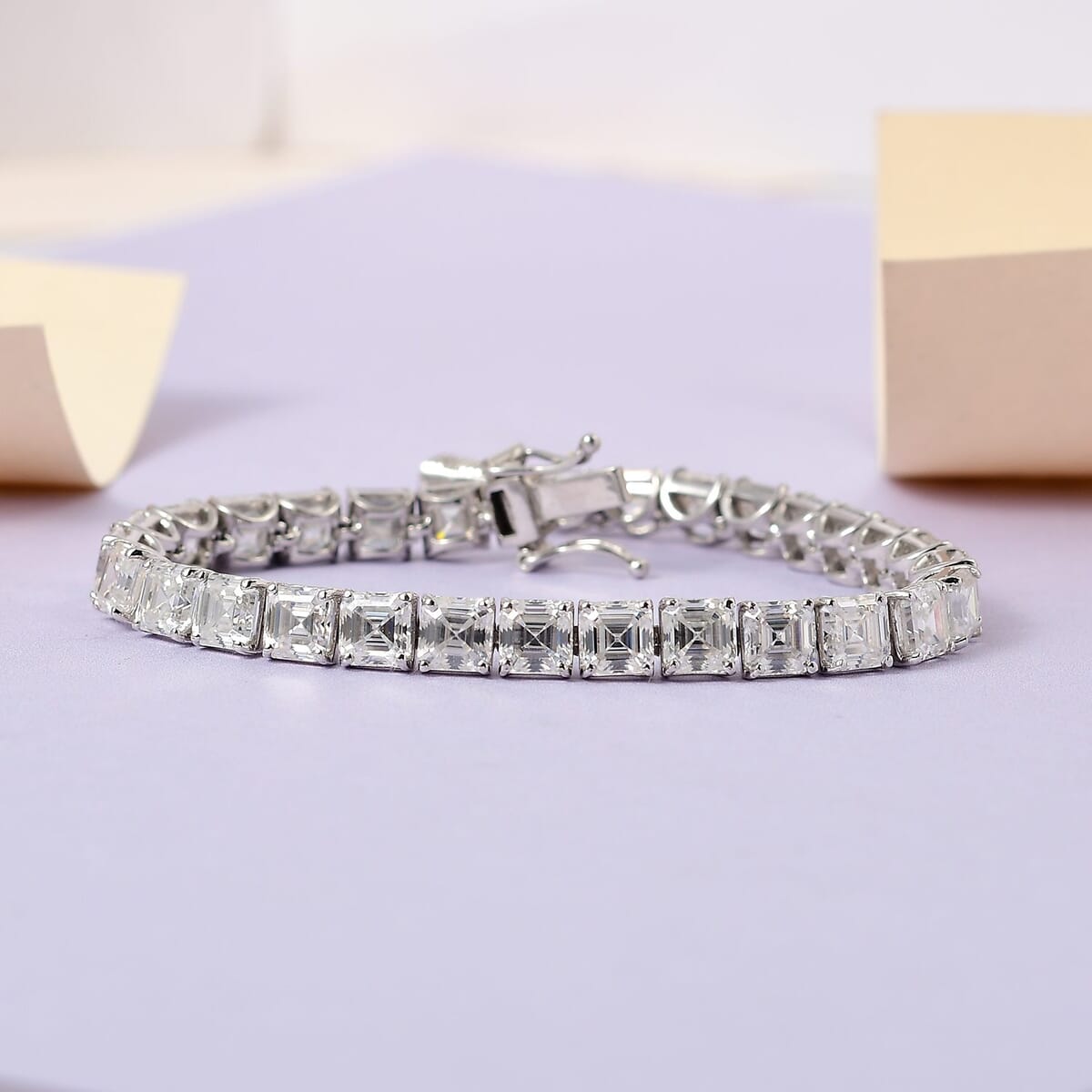 Asscher Cut Moissanite (Oct 5x5mm) Tennis Bracelet in Platinum Over Sterling Silver (6.50 In) (Delivery in 10-15 Business Days) 19.90 ctw image number 1
