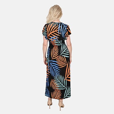 Tamsy Black with Multi Palm Leaf Smocked Waist Maxi Dress with Flutter Sleeve (One Size fits up to XL)