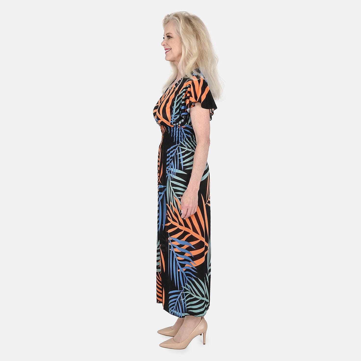 Tamsy Black with Multi Palm Leaf Smocked Waist Maxi Dress with Flutter Sleeve (One Size fits up to XL)
