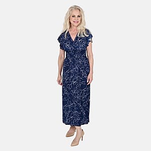 Tamsy Navy Abstract Smocked Waist Maxi Dress with Flutter Sleeve (One Size fits up to XL)