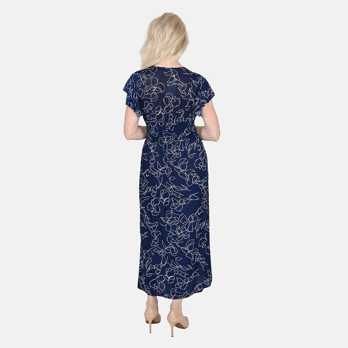 Tamsy Navy Abstract Smocked Waist Maxi Dress with Flutter Sleeve (One Size fits up to XL) image number 1