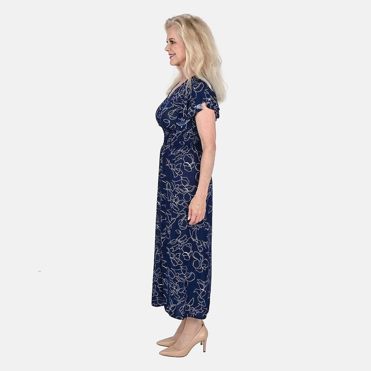 Tamsy Navy Abstract Smocked Waist Maxi Dress with Flutter Sleeve (One Size fits up to XL) image number 2