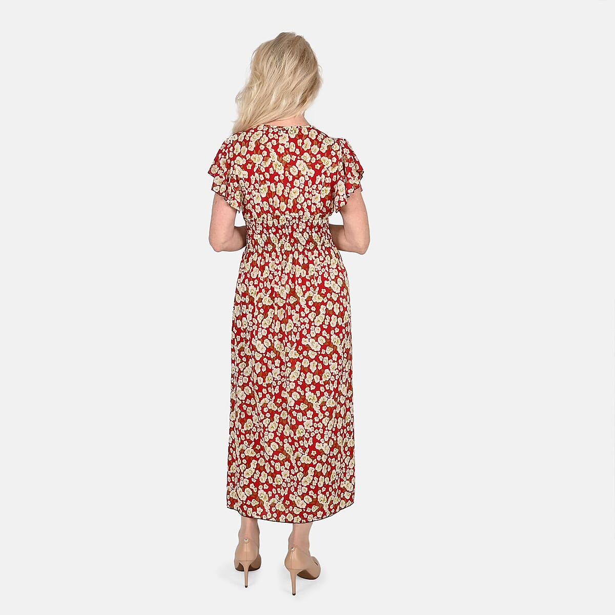 Tamsy Red Floral Smocked Waist Maxi Dress with Flutter Sleeve (One Size fits up to XL) image number 1