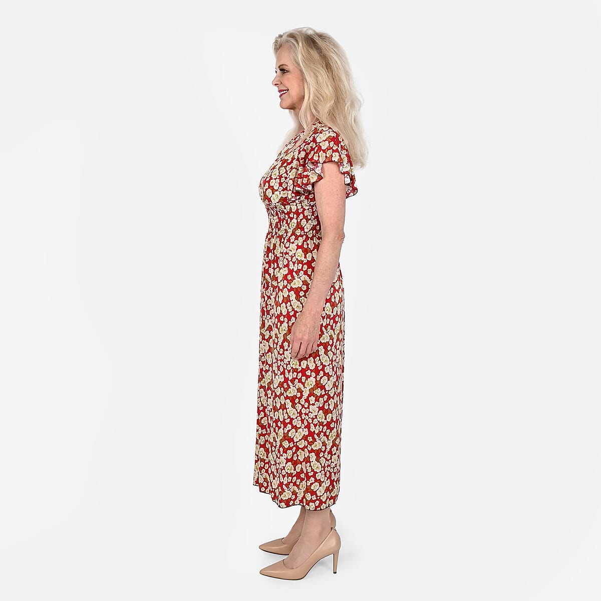 Tamsy Red Floral Smocked Waist Maxi Dress with Flutter Sleeve (One Size fits up to XL) image number 2