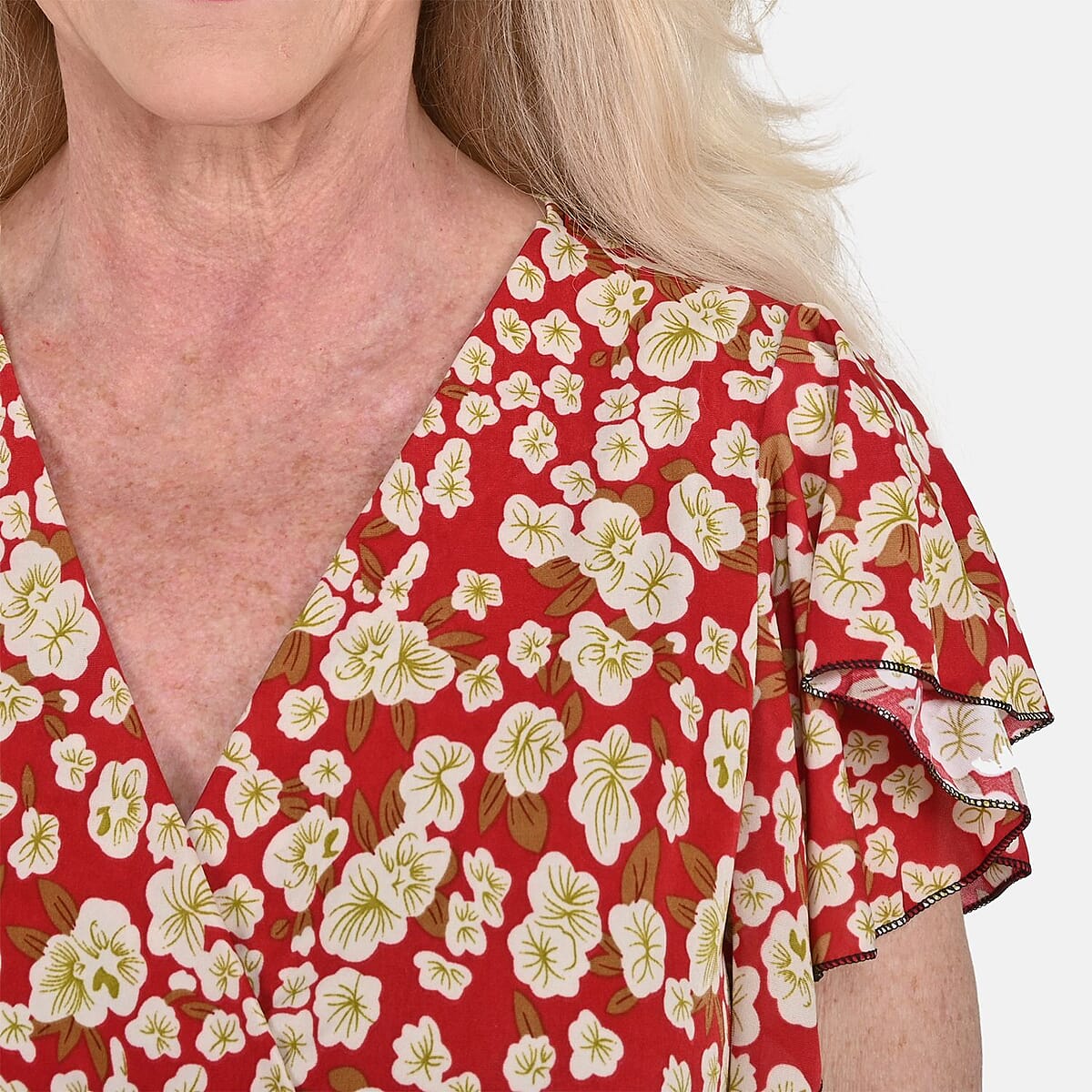 Tamsy Red Floral Smocked Waist Maxi Dress with Flutter Sleeve (One Size fits up to XL) image number 4