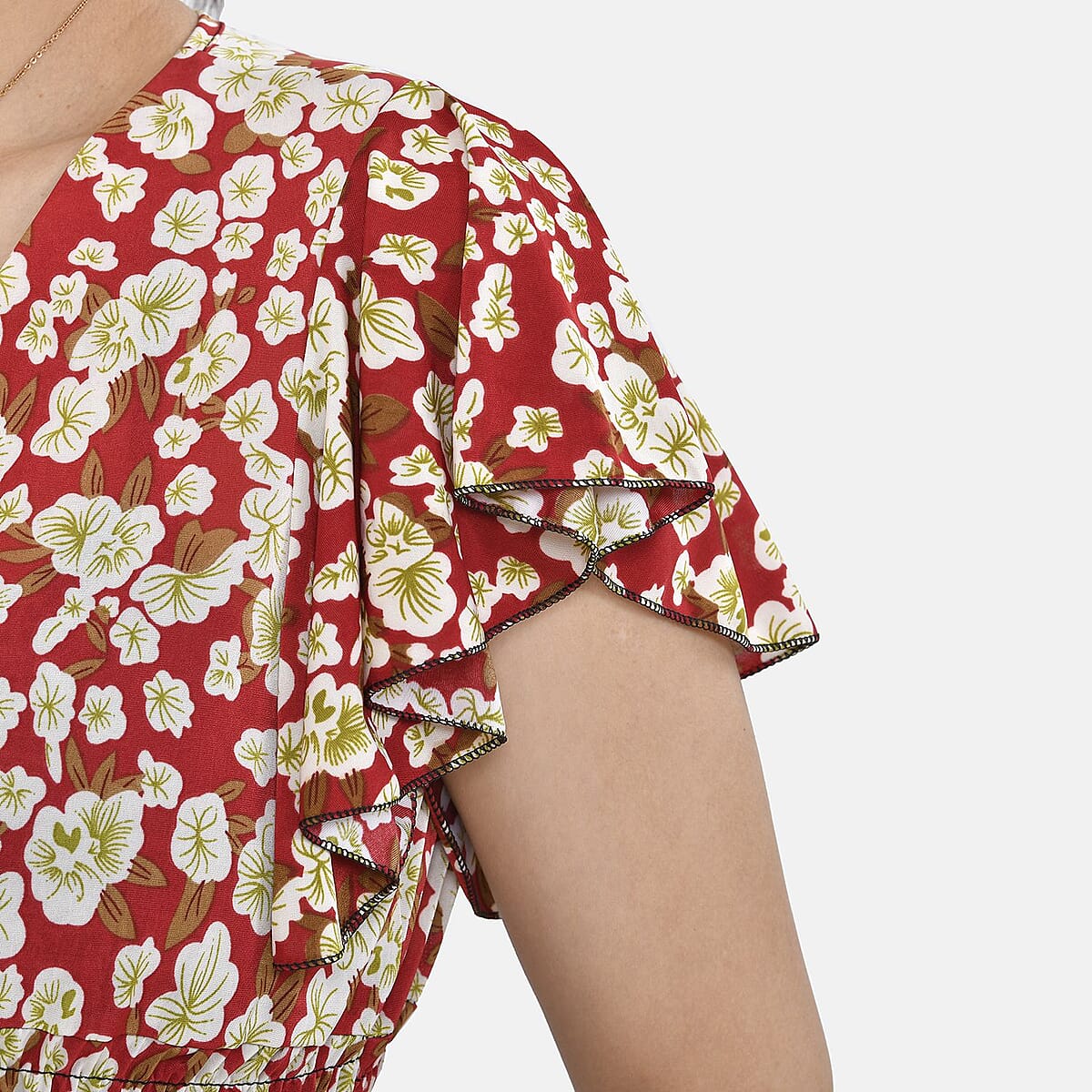 Tamsy Red Floral Smocked Waist Maxi Dress with Flutter Sleeve (One Size fits up to XL) image number 5