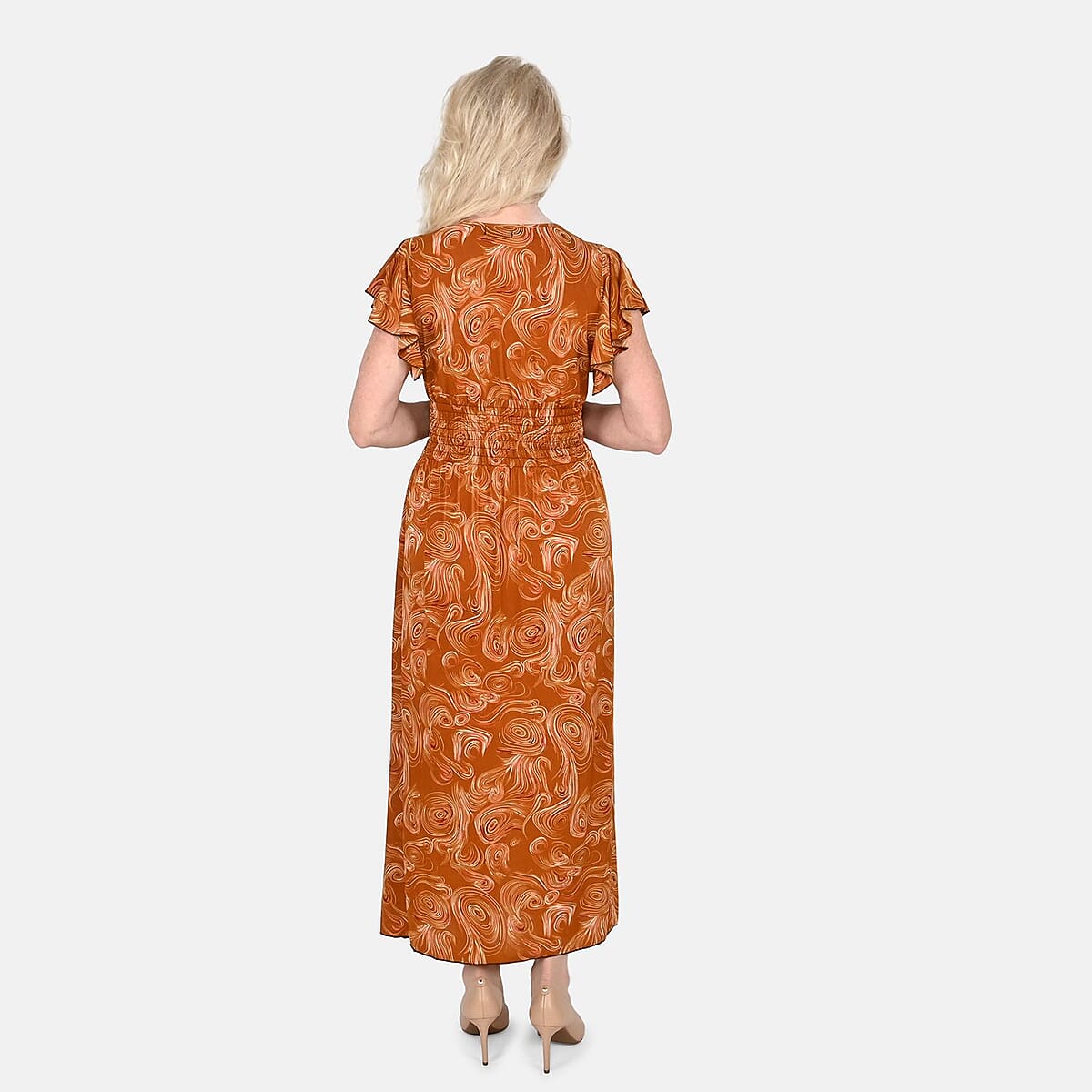 Tamsy Copper Swirl Smocked Waist Maxi Dress with Flutter Sleeve (One Size fits up to XL) image number 1