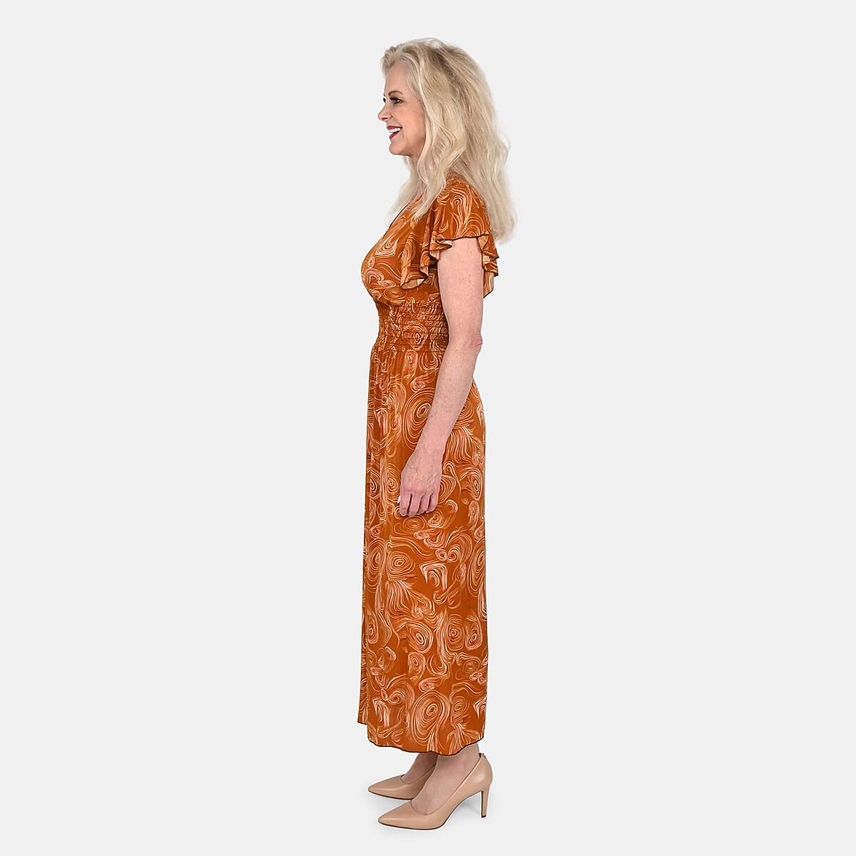 Tamsy Copper Swirl Smocked Waist Maxi Dress with Flutter Sleeve (One Size fits up to XL) image number 2