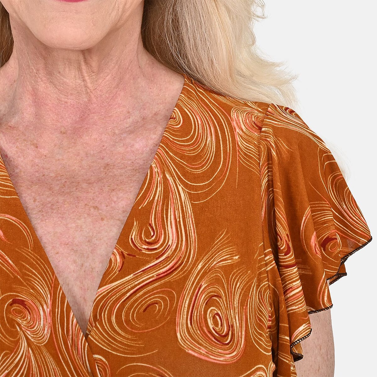 Tamsy Copper Swirl Smocked Waist Maxi Dress with Flutter Sleeve (One Size fits up to XL) image number 4