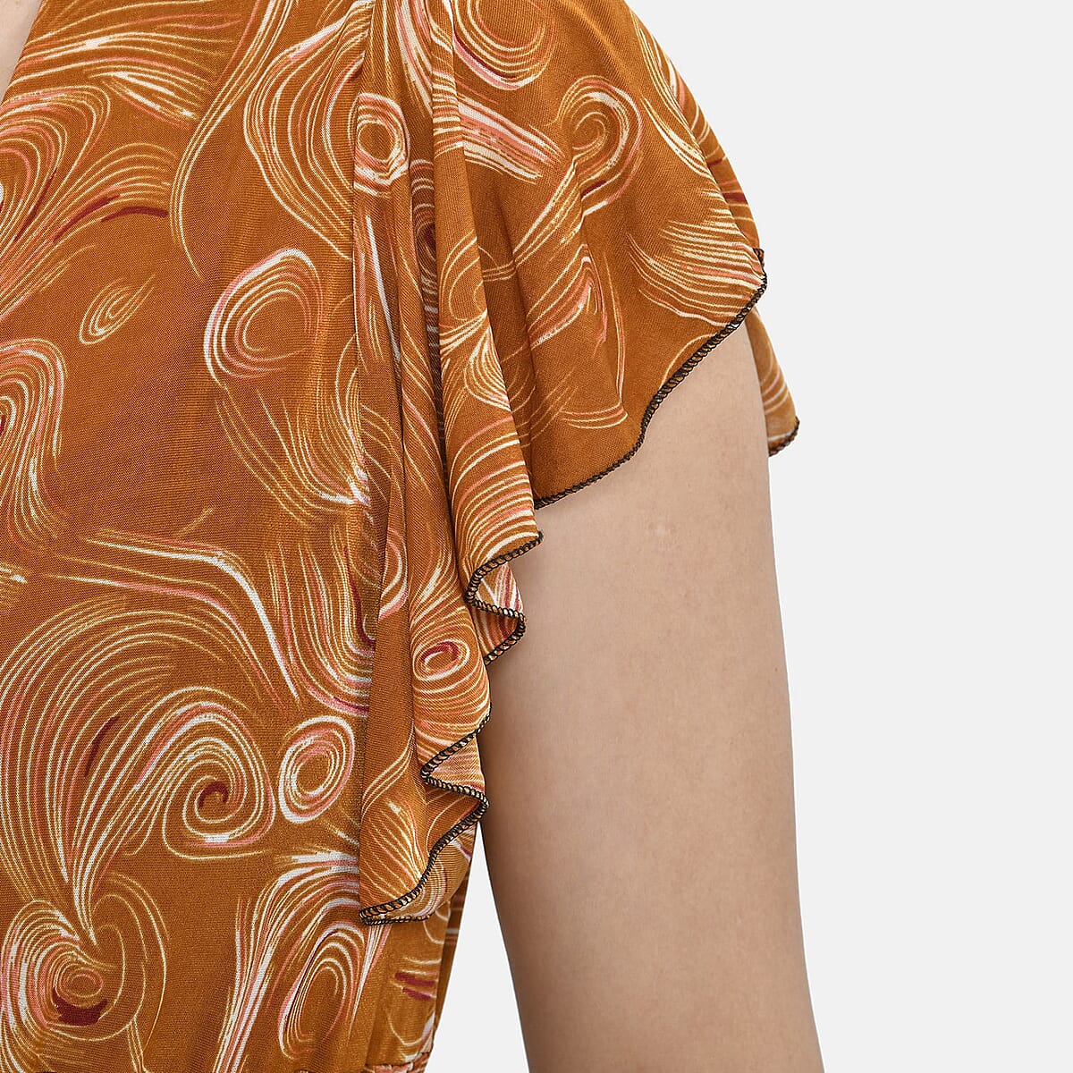 Tamsy Copper Swirl Smocked Waist Maxi Dress with Flutter Sleeve (One Size fits up to XL) image number 5