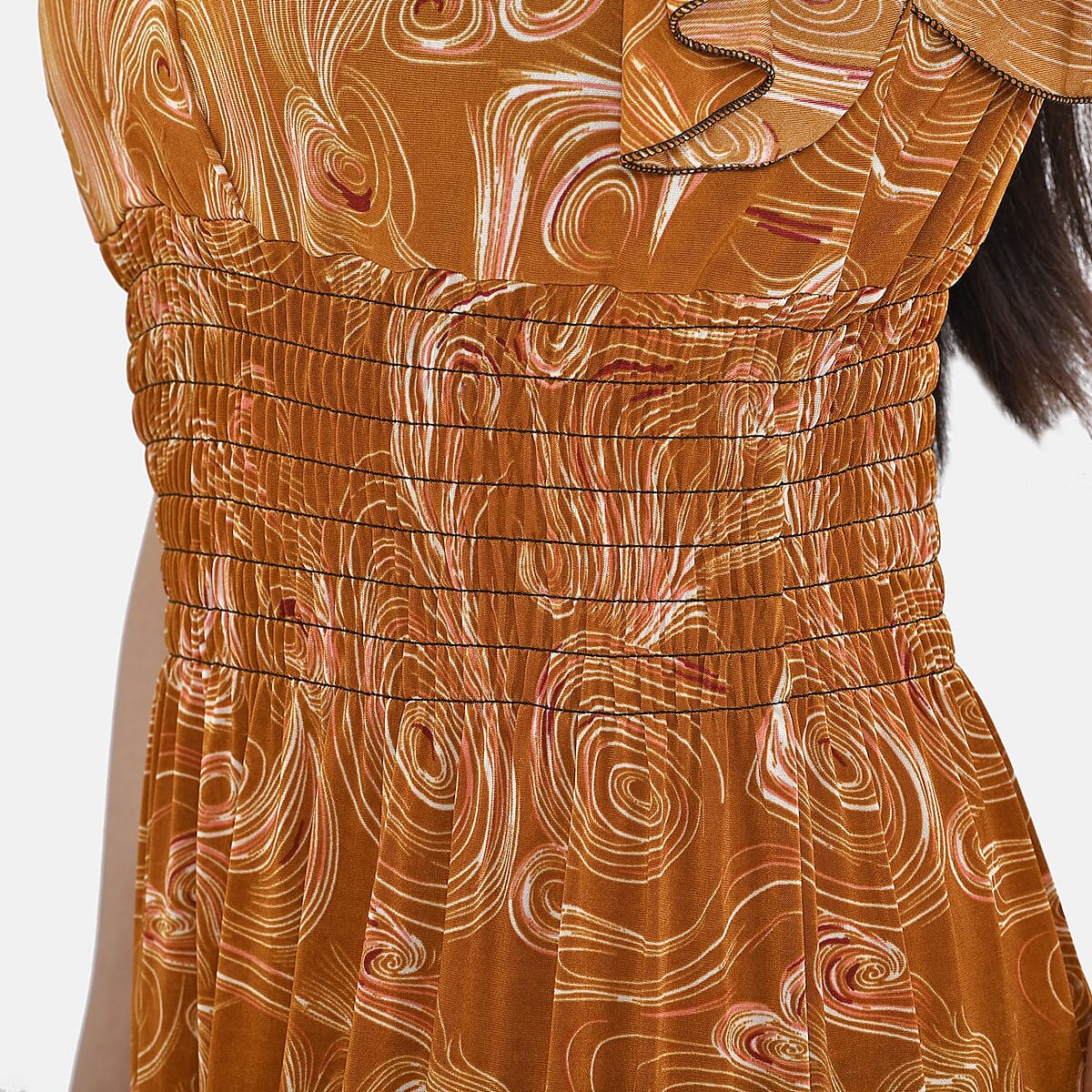 Tamsy Copper Swirl Smocked Waist Maxi Dress with Flutter Sleeve (One Size fits up to XL) image number 6