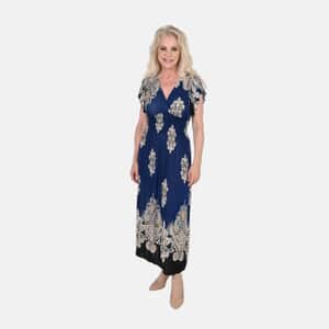 Tamsy Navy Baroque Smocked Waist Maxi Dress with Flutter Sleeve (One Size fits up to XL)
