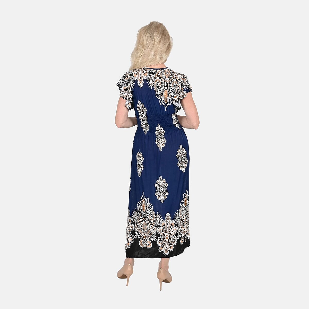 Tamsy Navy Baroque Smocked Waist Maxi Dress with Flutter Sleeve (One Size fits up to XL) image number 1