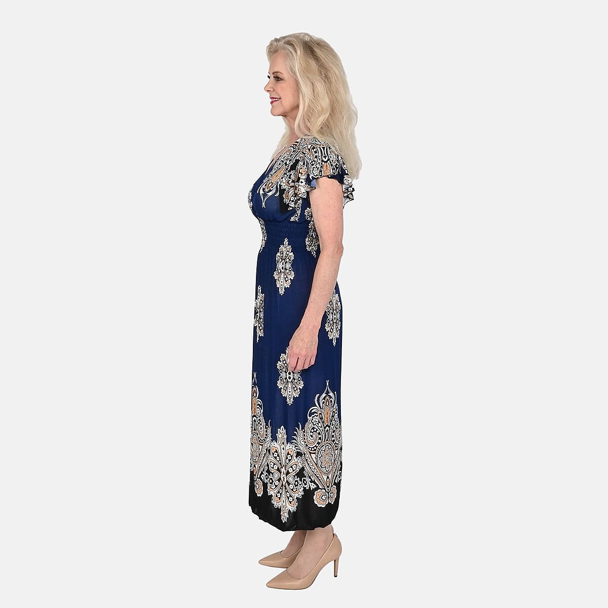 Tamsy Navy Baroque Smocked Waist Maxi Dress with Flutter Sleeve (One Size fits up to XL) image number 2