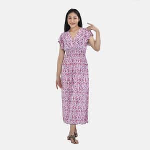 Tamsy Pink Daisy Smocked Waist Maxi Dress with Flutter Sleeve (One Size fits up to XL)