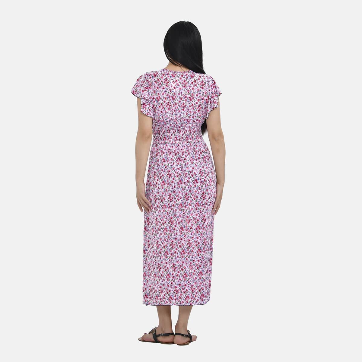 Tamsy Pink Daisy Smocked Waist Maxi Dress with Flutter Sleeve (One Size fits up to XL) image number 1