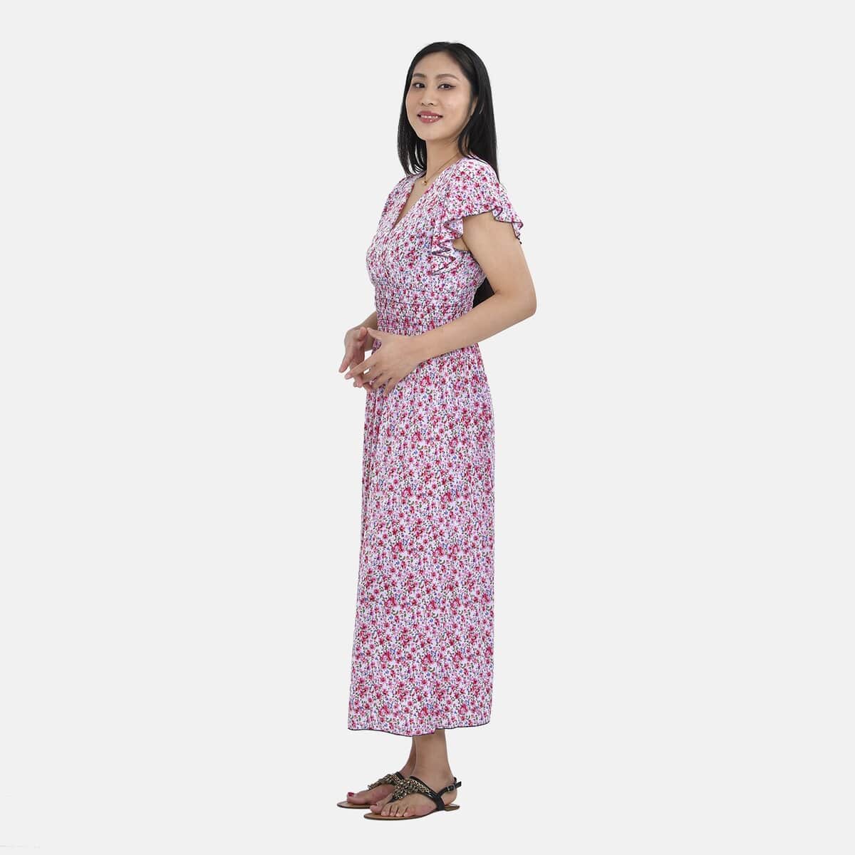 Tamsy Pink Daisy Smocked Waist Maxi Dress with Flutter Sleeve (One Size fits up to XL) image number 2