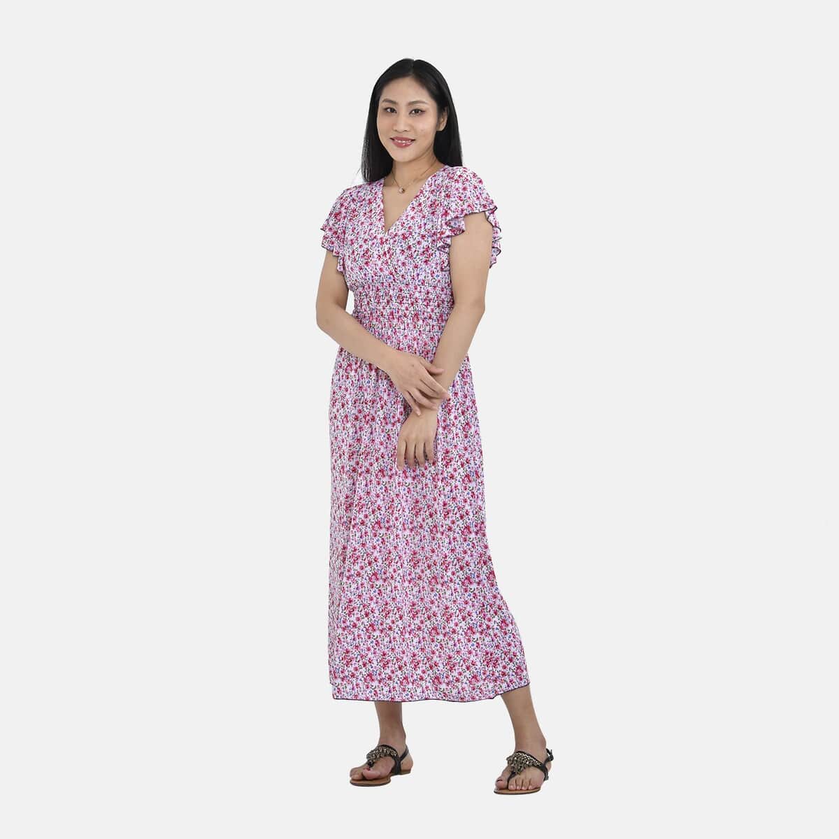Tamsy Pink Daisy Smocked Waist Maxi Dress with Flutter Sleeve (One Size fits up to XL) image number 3