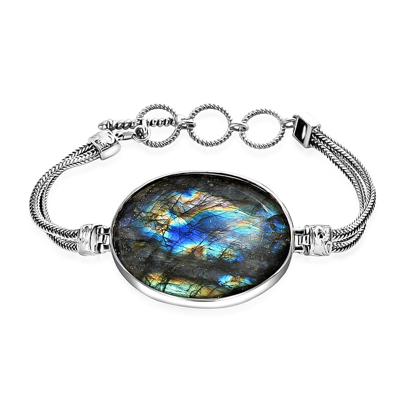 Malagasy Labradorite Bracelet, Toggle Clasp Bracelet, Sterling Silver Bracelet, Artisan Bracelet, Handmade Jewelry (7.25 In) 80.00 ctw