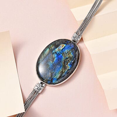 Malagasy Labradorite Bracelet, Toggle Clasp Bracelet, Sterling Silver Bracelet, Artisan Bracelet, Handmade Jewelry (7.25 In) 80.00 ctw