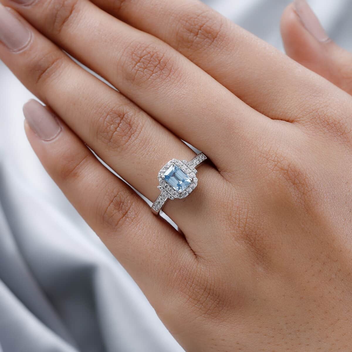 Cambodian Blue Zircon and Natural White Zircon Ring in Platinum Over Sterling Silver (Size 10.0) 1.60 ctw image number 2