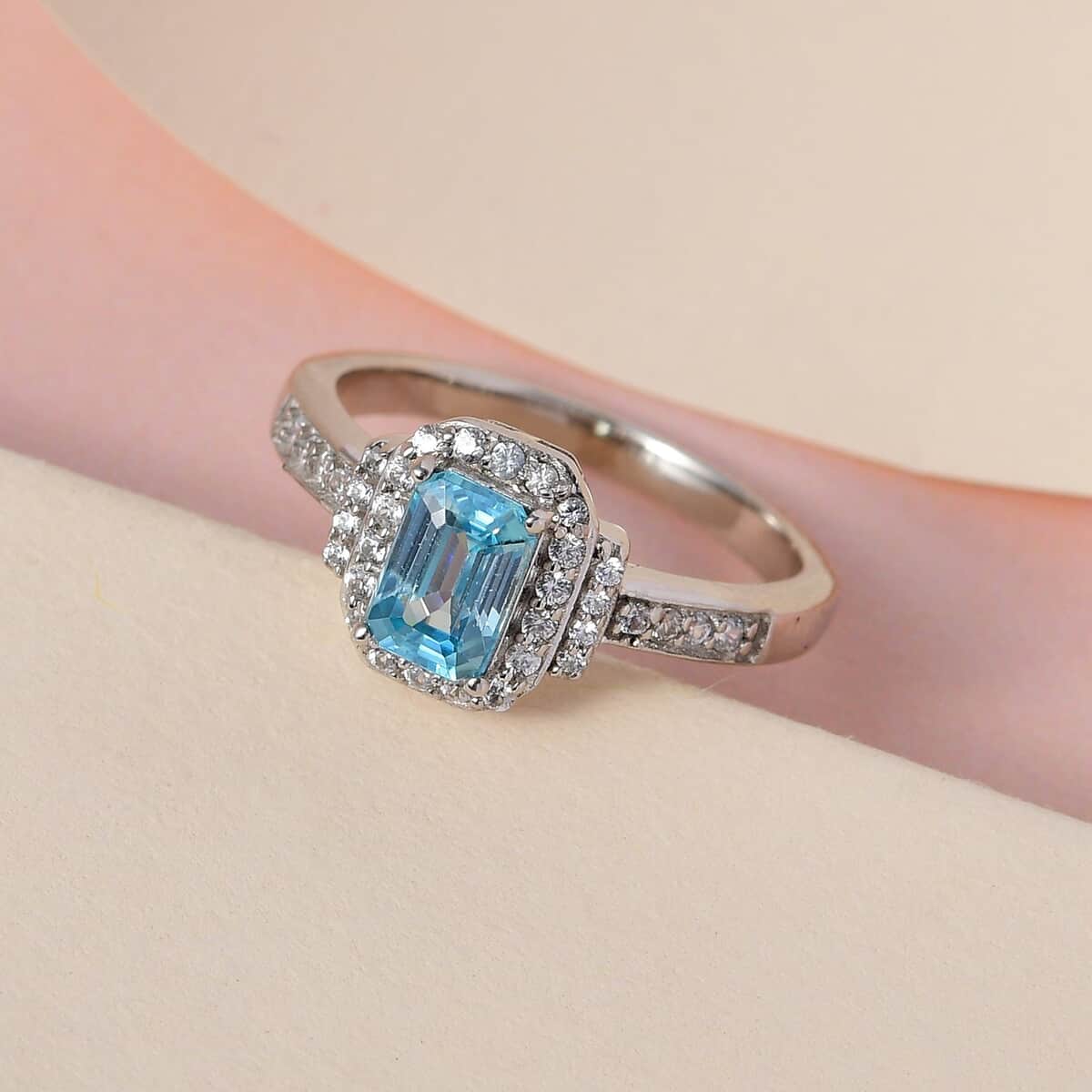 Cambodian Blue Zircon and Natural White Zircon Ring in Platinum Over Sterling Silver (Size 7.0) 1.60 ctw image number 1