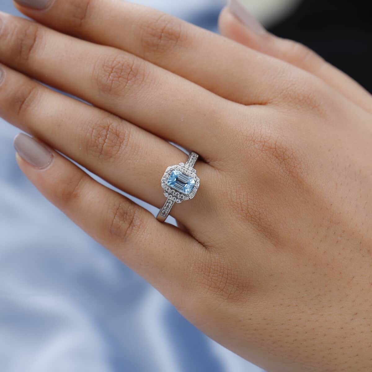 Cambodian Blue Zircon and Natural White Zircon Ring in Platinum Over Sterling Silver (Size 7.0) 1.60 ctw image number 2