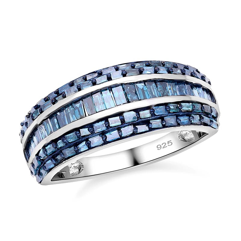 Blue Diamond Ring in Platinum Over Sterling Silver (Size 10.0) 1.00 ctw
