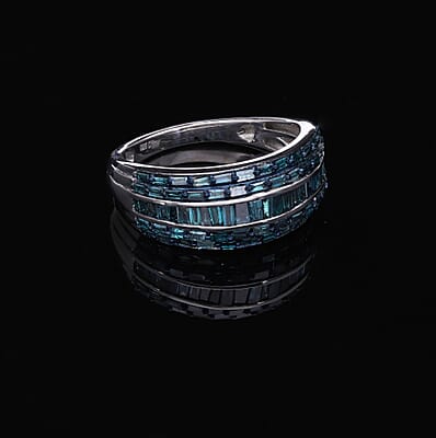 Blue Diamond Ring in Platinum Over Sterling Silver (Size 10.0) 1.00 ctw