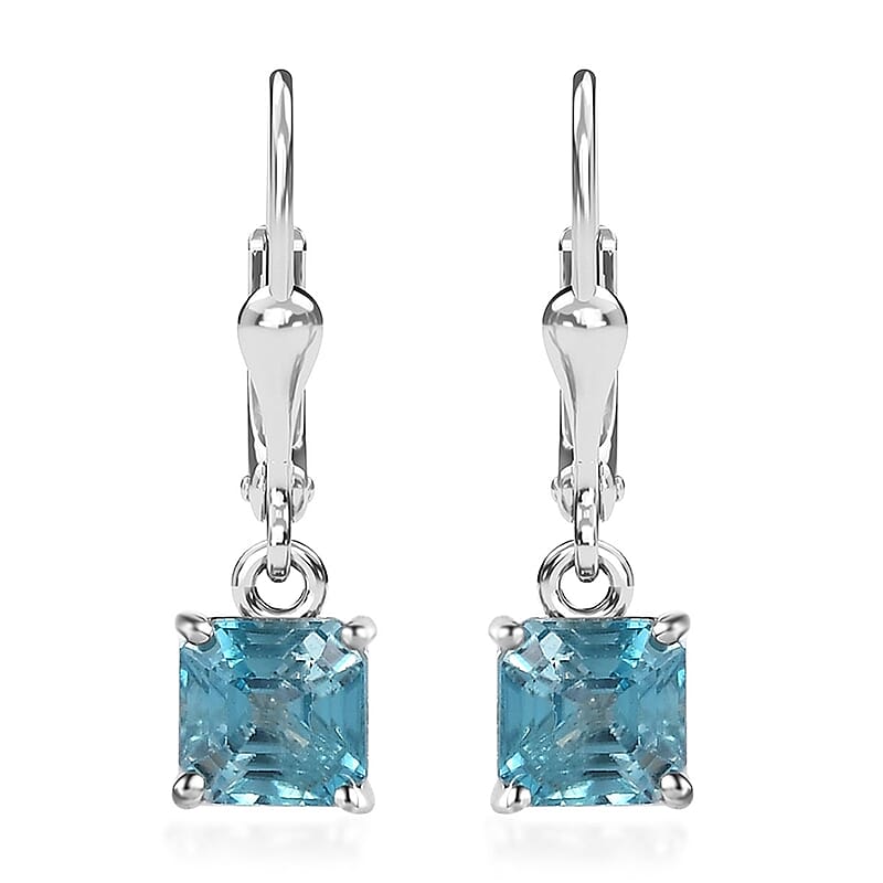 Asscher Cut Premium Cambodian Blue Zircon Solitaire Lever Back Earrings in Platinum Over Sterling Silver 3.25 ctw