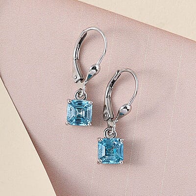 Asscher Cut Premium Cambodian Blue Zircon Solitaire Lever Back Earrings in Platinum Over Sterling Silver 3.25 ctw