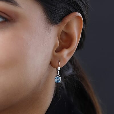 Asscher Cut Premium Cambodian Blue Zircon Solitaire Lever Back Earrings in Platinum Over Sterling Silver 3.25 ctw