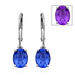 Color Change Fluorite Solitaire Lever Back Earring in Rhodium Over Sterling Silver 2.85 ctw