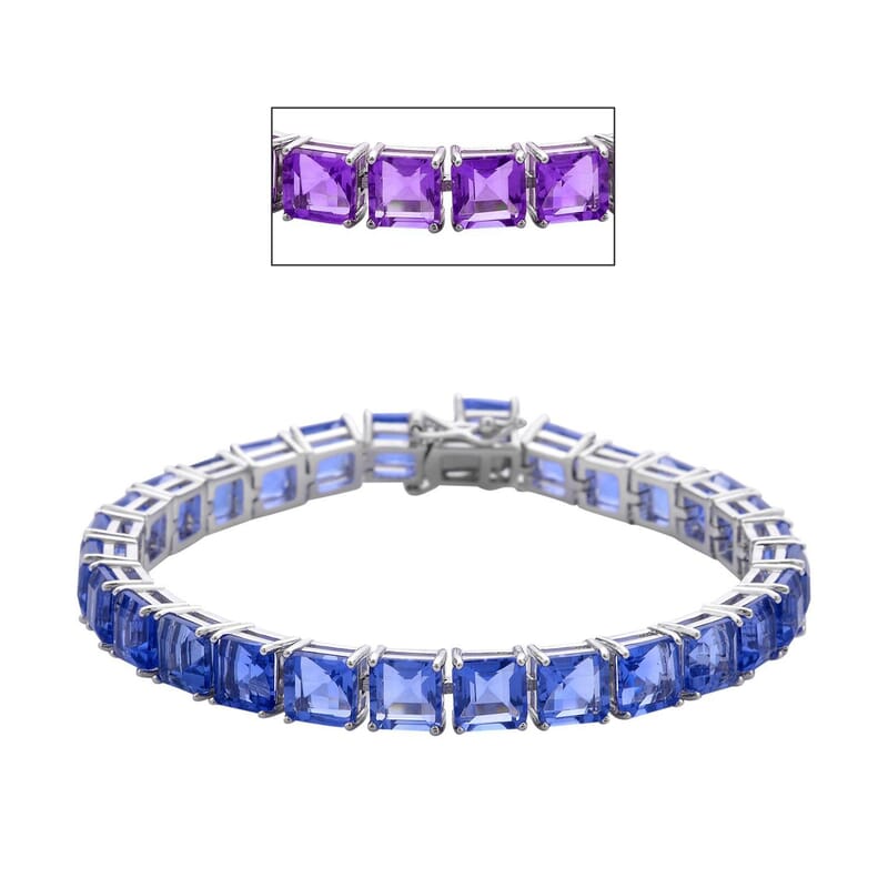 Asscher Cut Color Change Fluorite Tennis Bracelet in Rhodium Over Sterling Silver (6.50 In) 34.90 ctw