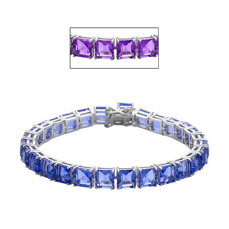 Asscher Cut Color Change Fluorite Tennis Bracelet in Rhodium Over Sterling Silver (6.50 In) 34.90 ctw