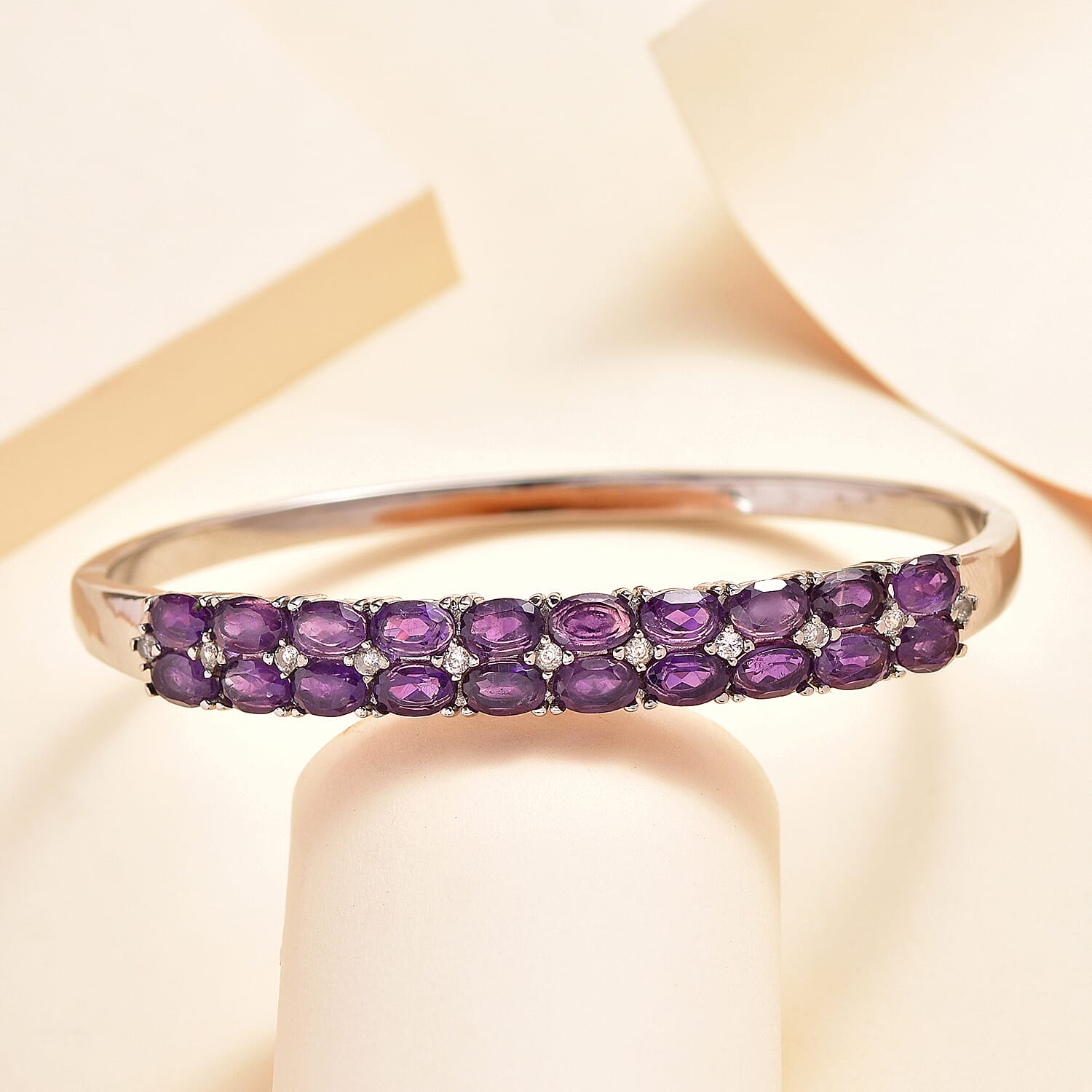 African Amethyst and White Zircon 9.65 ctw Bangle Bracelet in Stainless Steel (7.50 In)
