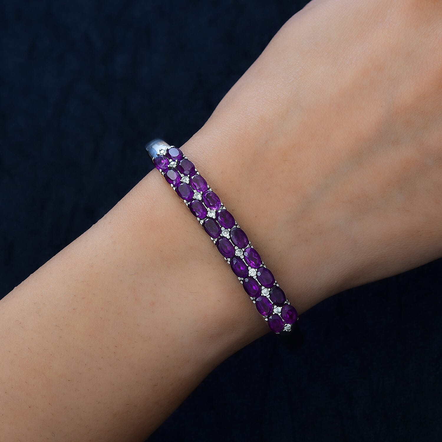 African Amethyst and White Zircon 9.65 ctw Bangle Bracelet in Stainless Steel (7.50 In)